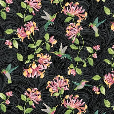 Black floral fabric with pink honeysuckle blossoms, green leaves, hummingbirds