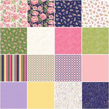 Assorted 10" fabric squares set with floral and stripe motifs in pink, navy, and green