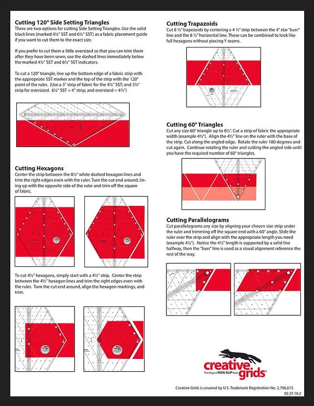 Quilting instruction sheet with red cutting diagrams for diamond ruler