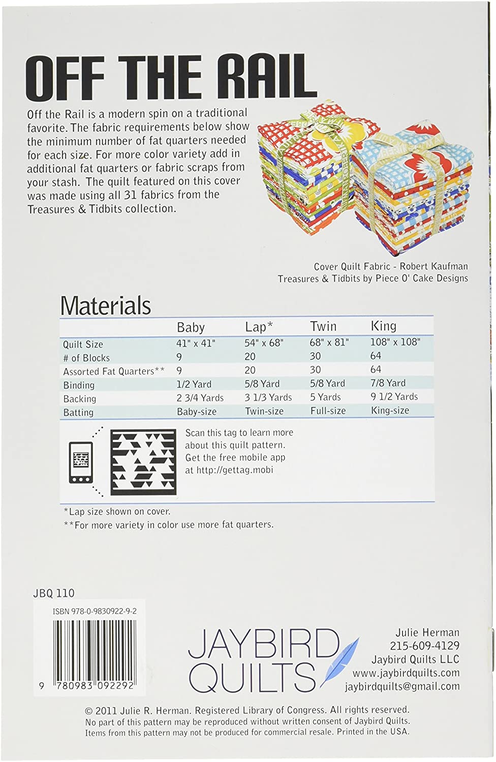Quilt pattern booklet: Off the Rail patchwork, materials list and layout chart