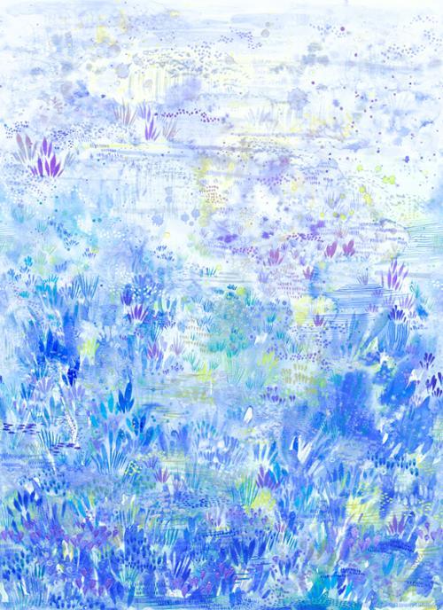 Turquoise fabric with layered wildflower and grass print, small blossoms and stems