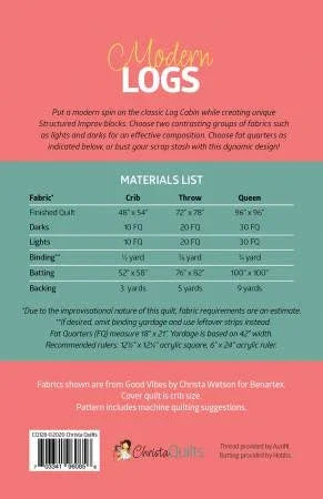 Quilt pattern page with Modern Logs title and materials list table