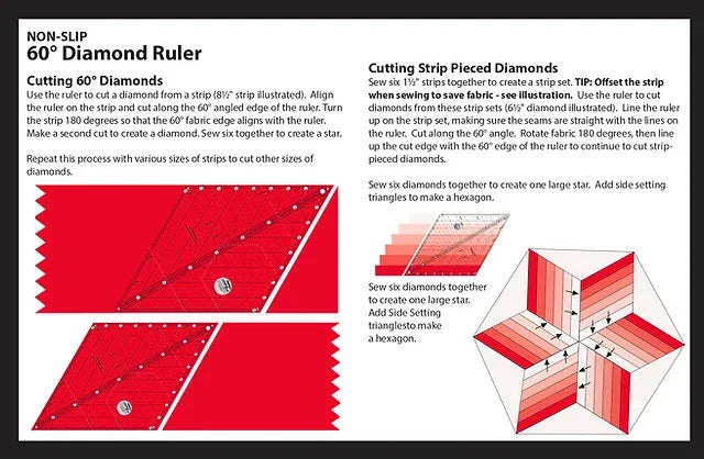 Non-slip 60° diamond ruler instruction page with diagram panels