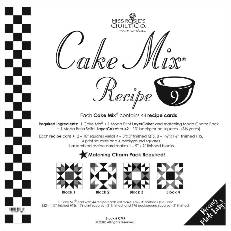 Cake Mix Recipe card with black-and-white quilt block diagrams, Recipe 9