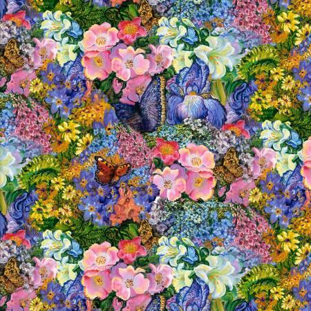 Floral and butterfly print fabric with multicolor flowers and leaves