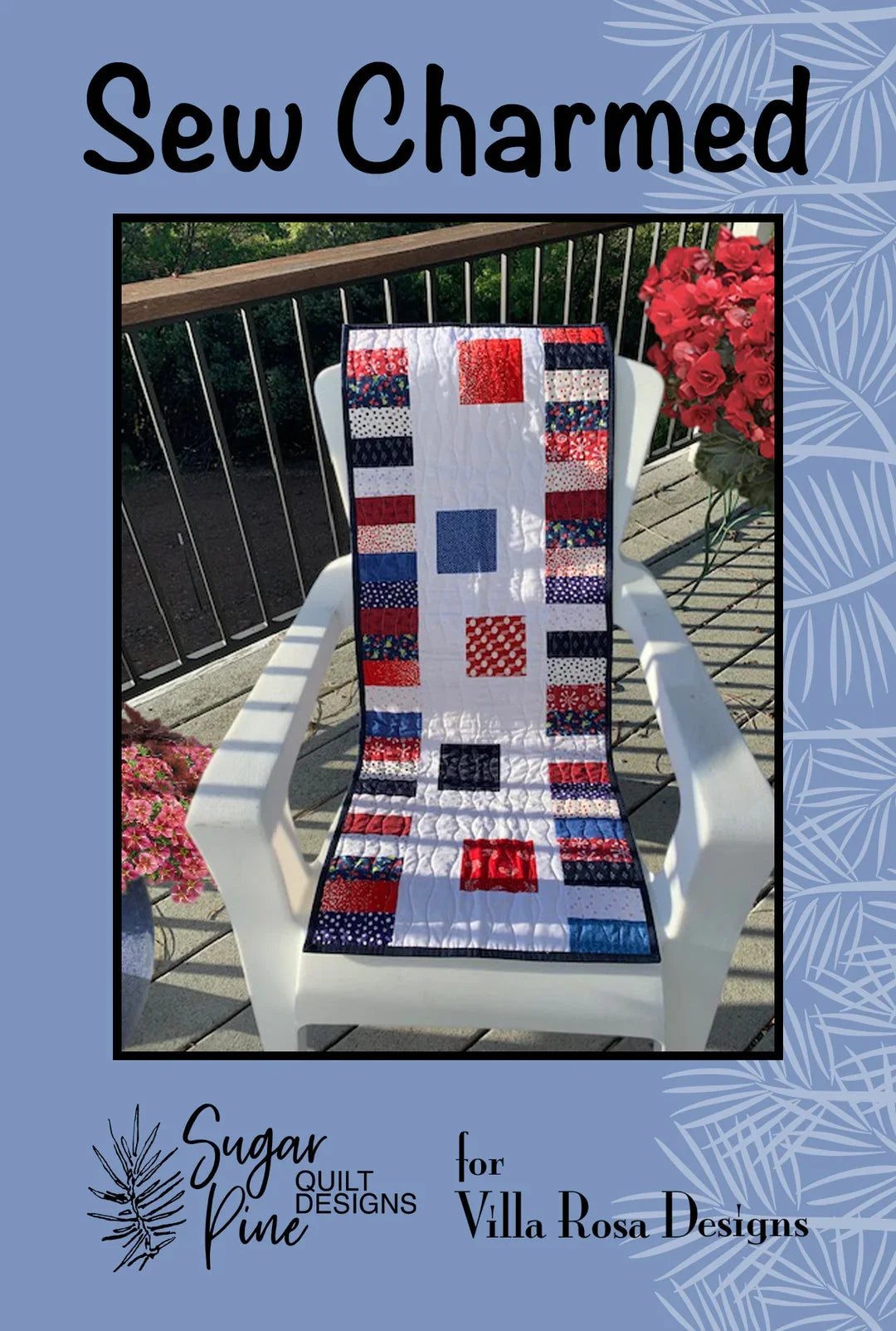 Patchwork table runner quilt pattern cover with red, blue, and white blocks