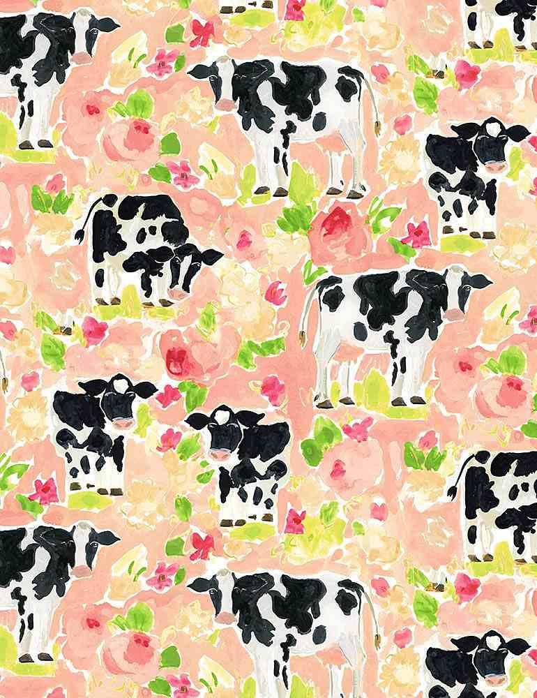 Cow print fabric with black-and-white dairy cows on peach floral background