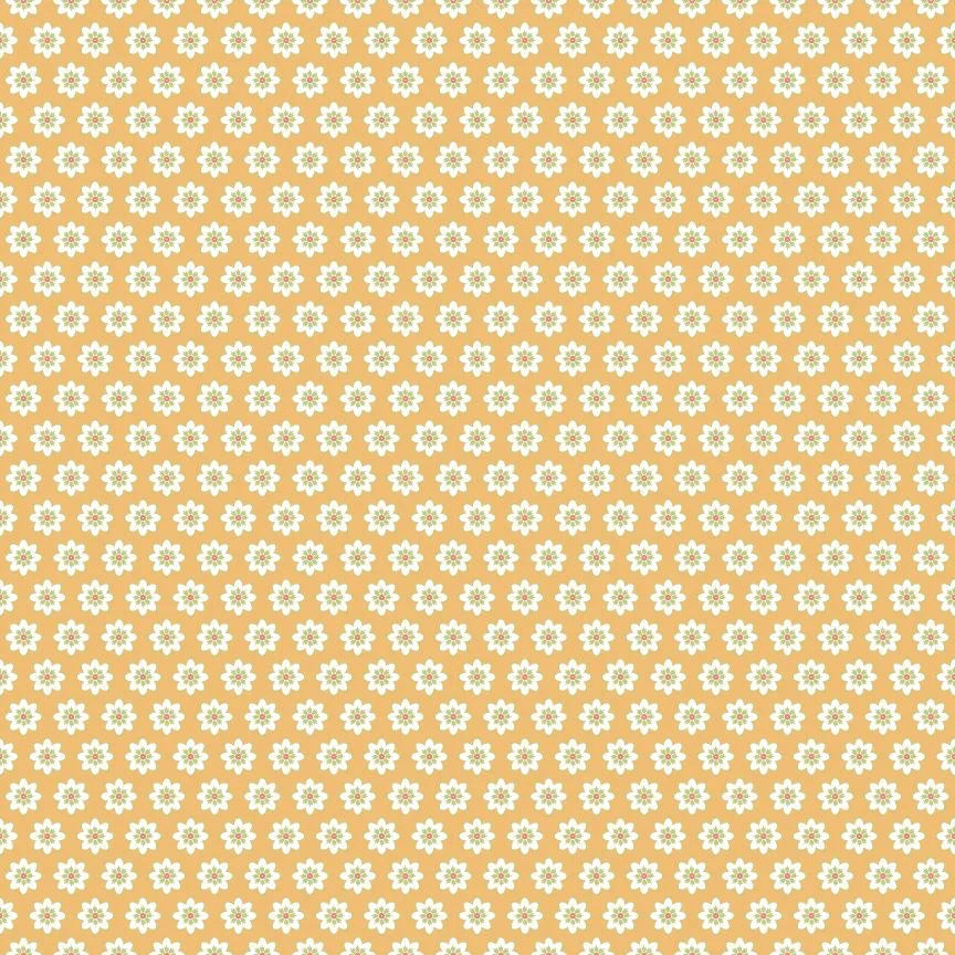 Yellow flour sack cotton fabric with small white daisy floral print, by Poppie Cotton