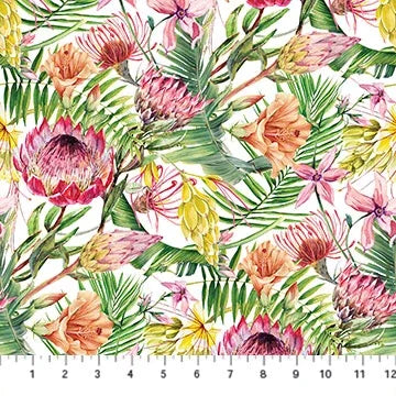 Floral fabric with white background, tropical leaves and pink, orange, purple flowers