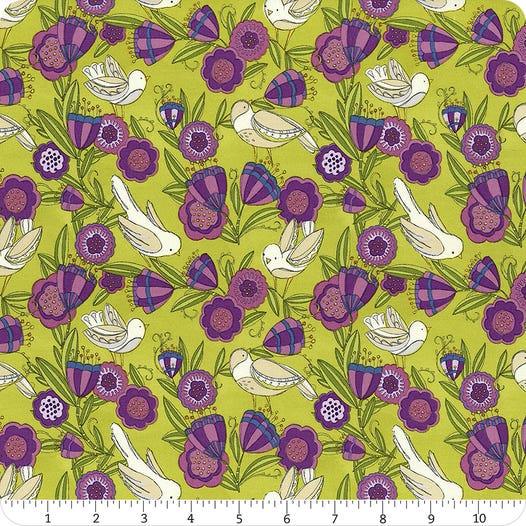 Green cotton fabric with purple leaf birds and blossoms, repeating pattern