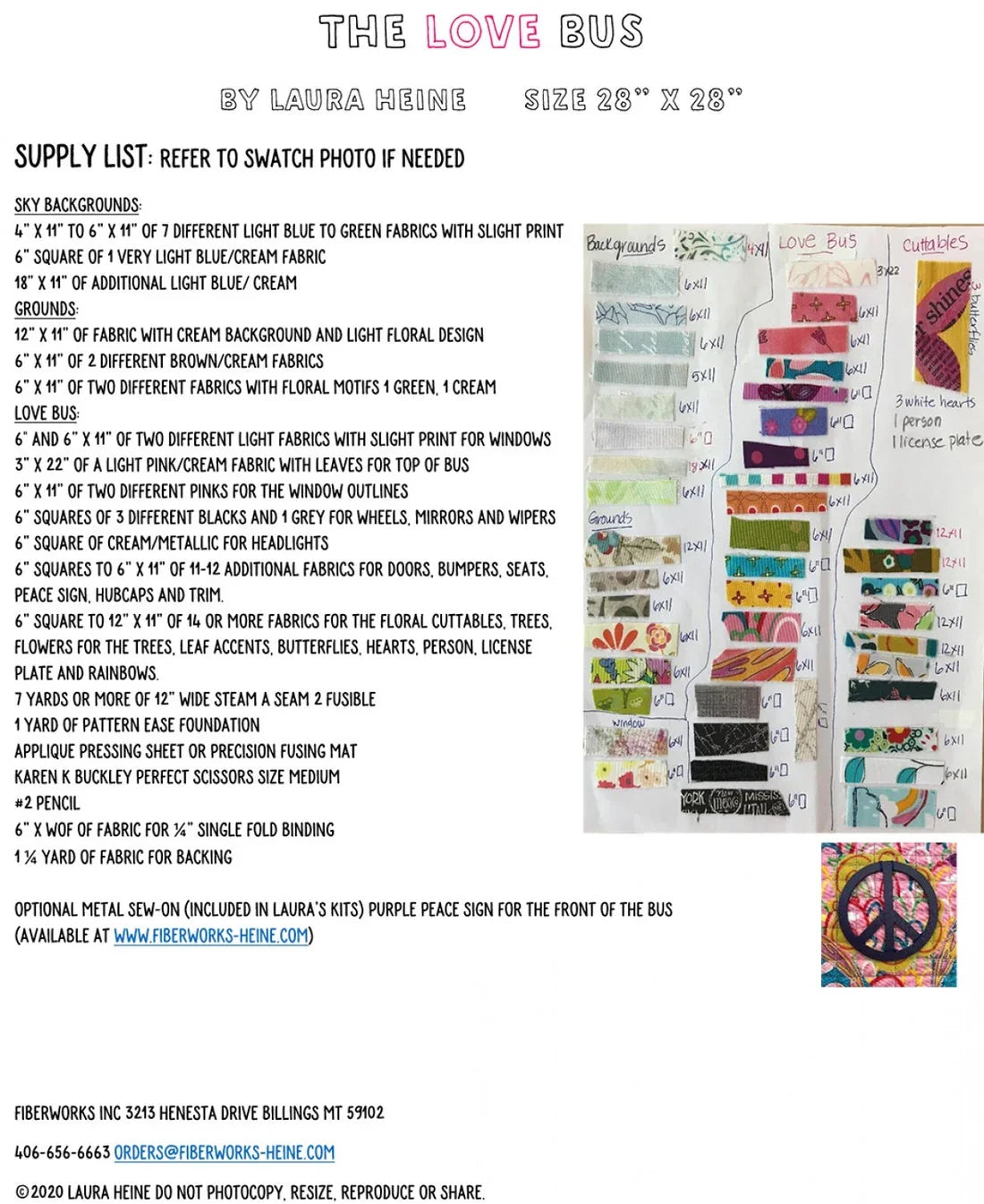 Pattern instruction sheet with fabric yardage list and bus collage layout, size 28 x 28