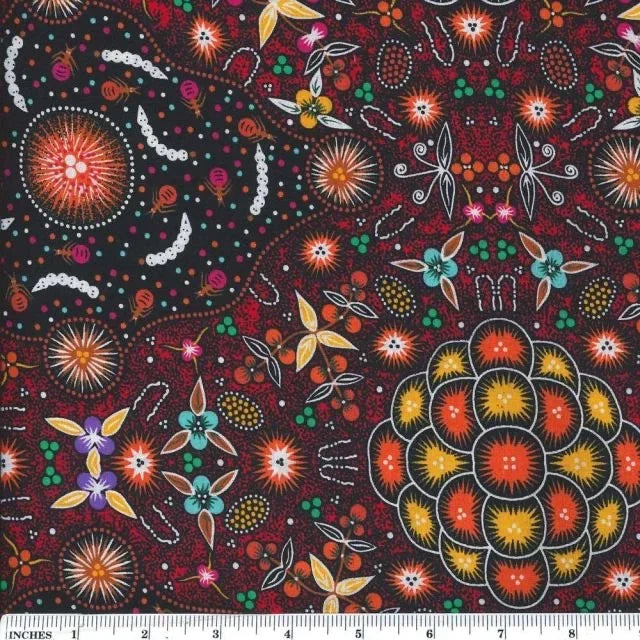Bush Lemon Red cotton fabric with multicolor floral and fireworks pattern