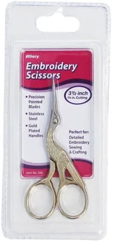 Embroidery scissors blister pack with gold stork-etched handles and pointed blades