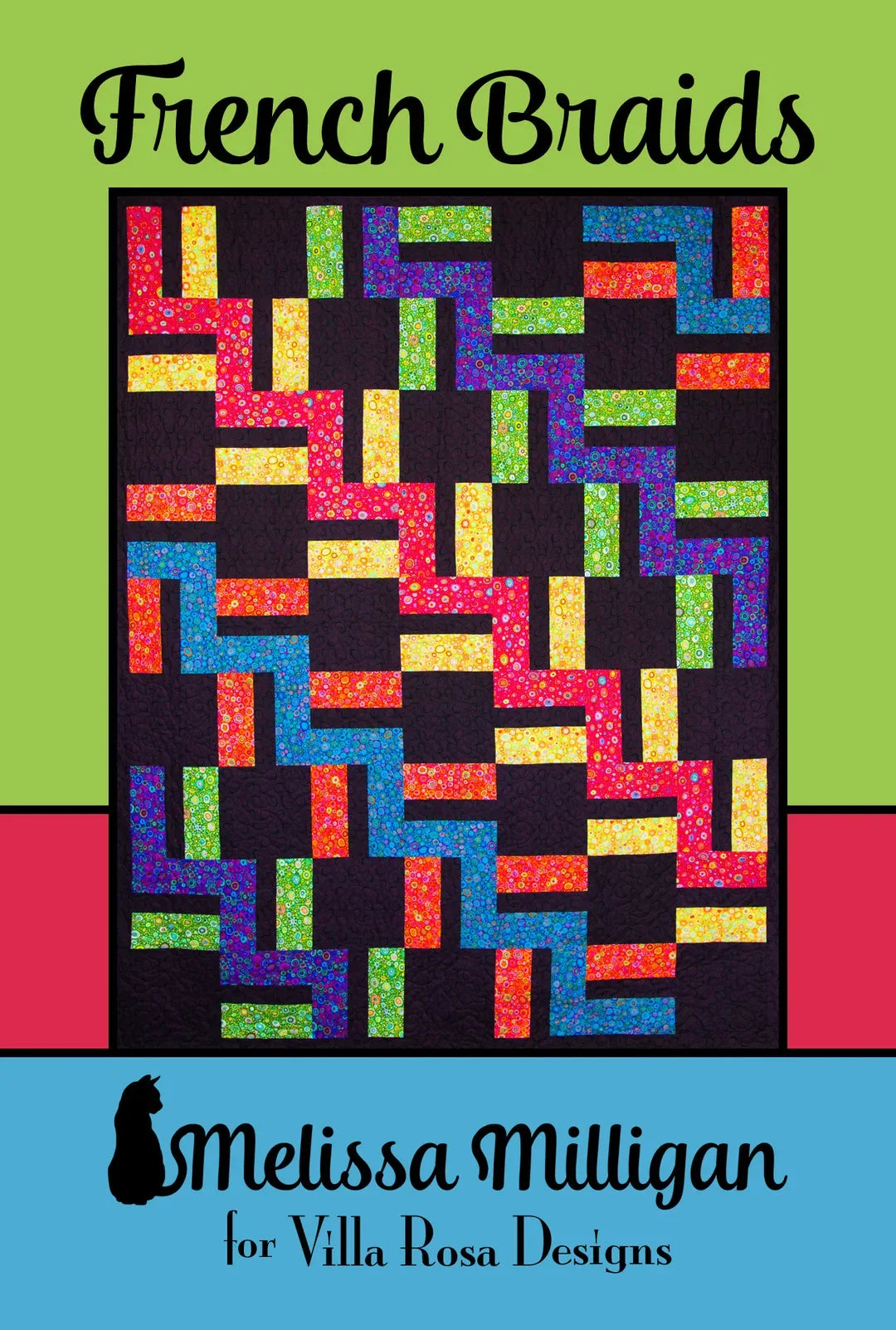 French braids quilt pattern with multicolor blocks on dark background