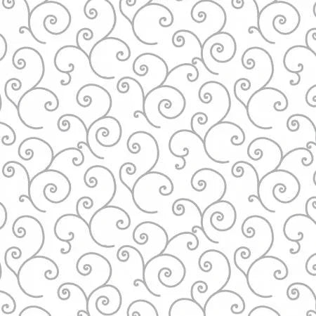 Gray-and-white scroll pattern fabric with repeating swirl motifs