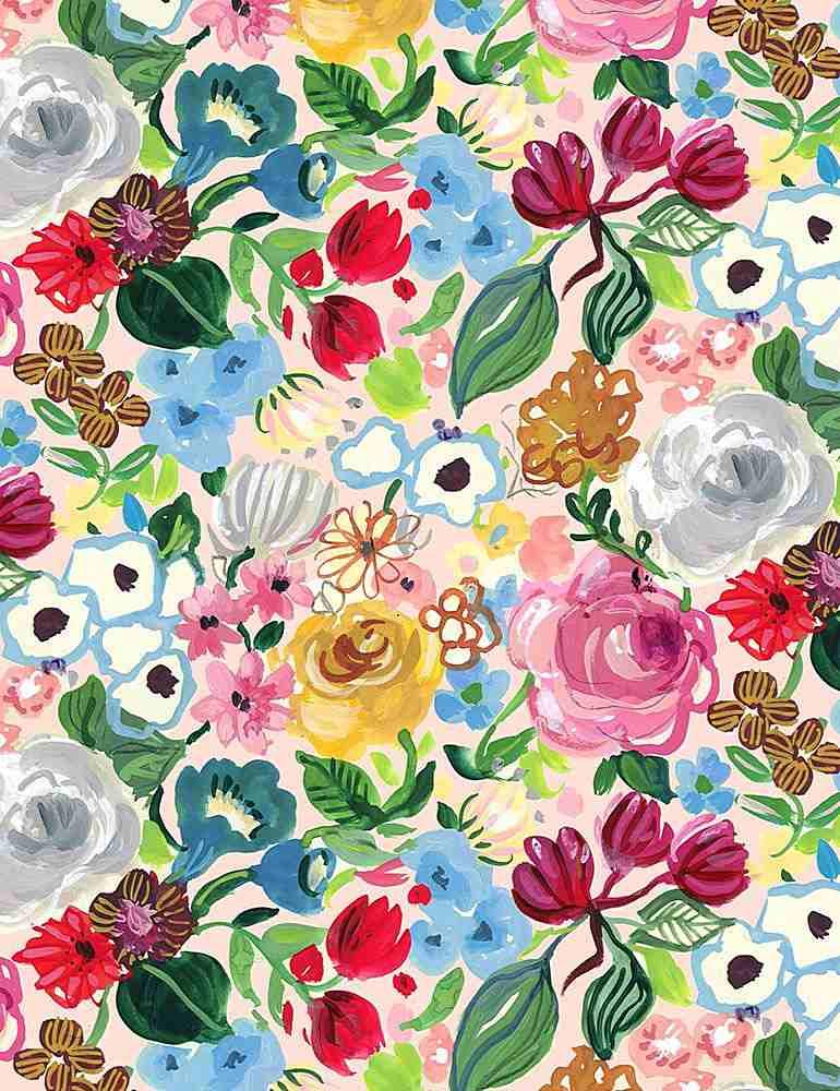 Multicolor floral fabric with roses, tulips, leaves, and small bee motifs