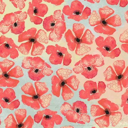 Floral poppy fabric with coral red blooms, cream accents, and dark centers