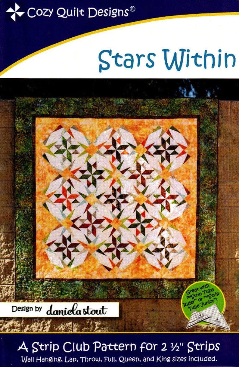 Quilt pattern featuring multicolor star blocks on warm orange fabric