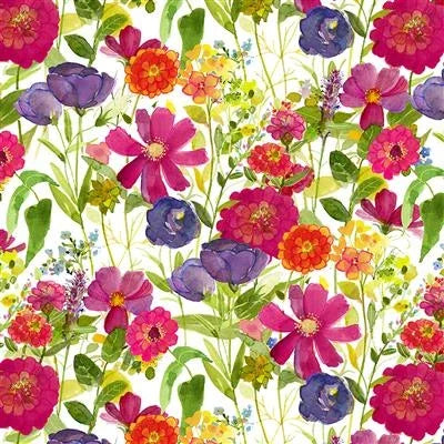 Clothworks digital floral garden fabric with pink, purple, and orange flowers