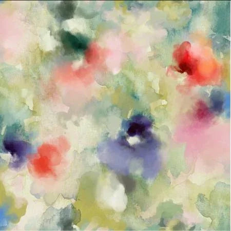 Watercolor sponge texture fabric swatch with pastel green, teal, pink, and red abstract pattern