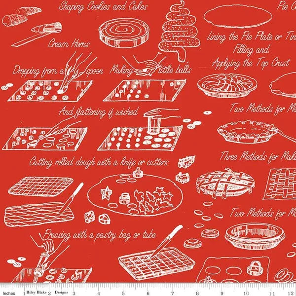 Red and white vintage cookbook baking pattern fabric with pie and cookie line art