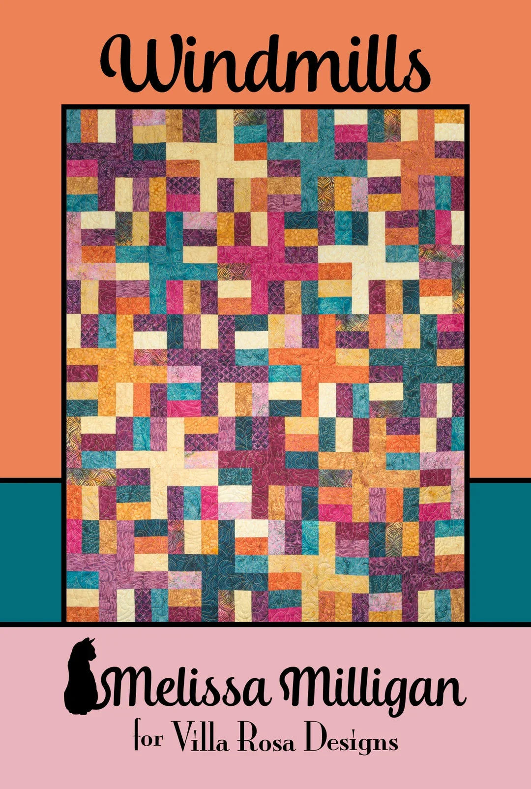Quilt pattern cover featuring colorful patchwork windmill squares in multicolor blocks