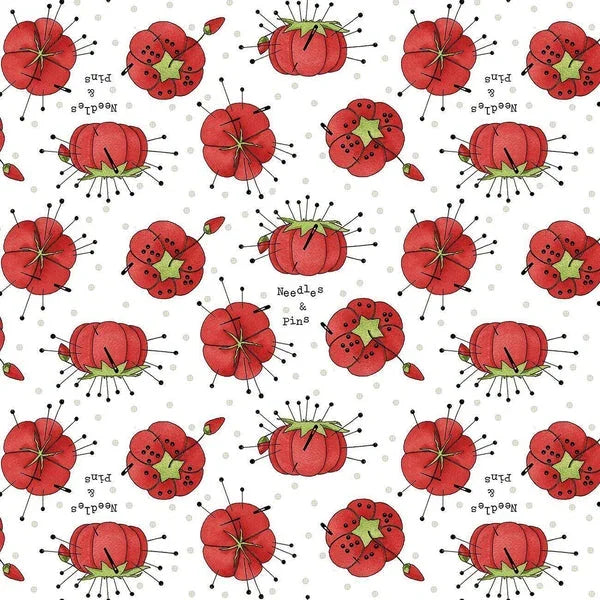 Pincushion pattern fabric with red ladybug pincushions on light background
