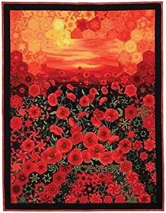 Floral quilt panel with red blossoms and dark border accents