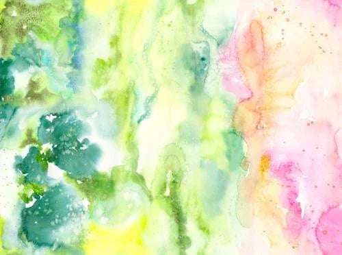 Rainbow watercolor abstract fabric with green, yellow, pink, and blue marbled swirls