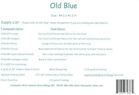 Fabric supply list and instructions for Old Blue pattern, including yardage details