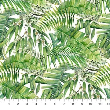 Flamingo Bay packed leaves fabric with green tropical leaf pattern and small flowers