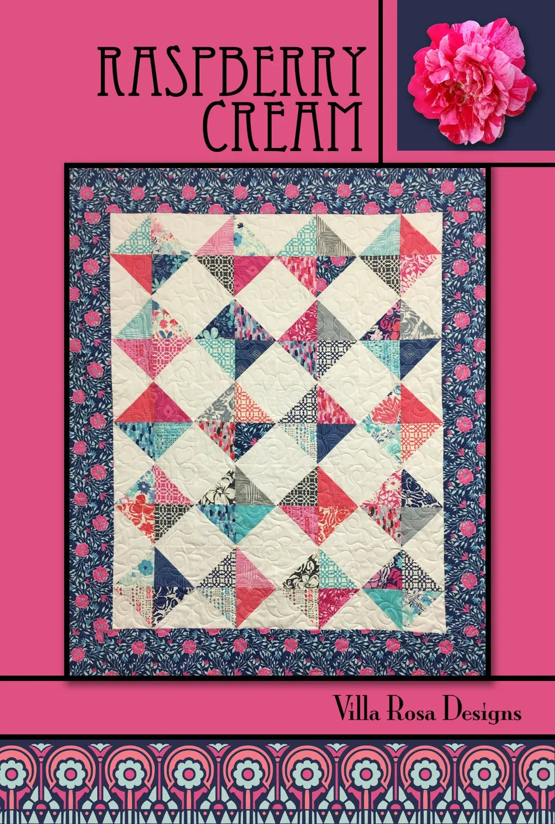 Quilt pattern for patchwork quilt with multicolor geometric squares and dark floral border