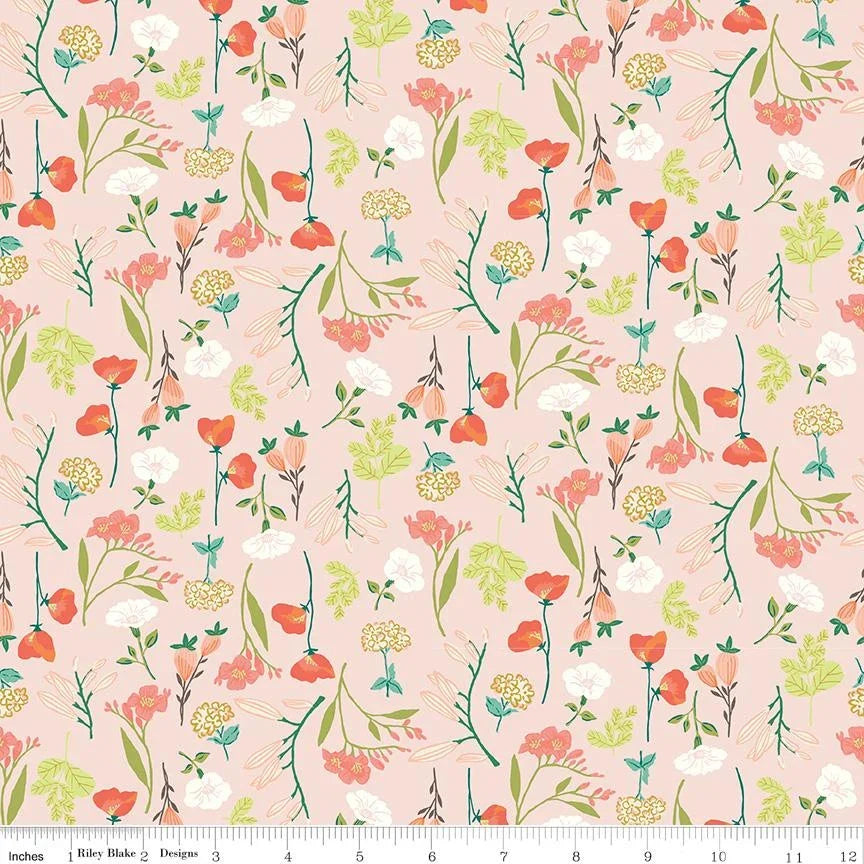 Cotton quilting fabric, blush floral and botanical pattern repeat
