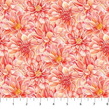 Coral floral fabric with layered dahlia-like blossoms and leaves