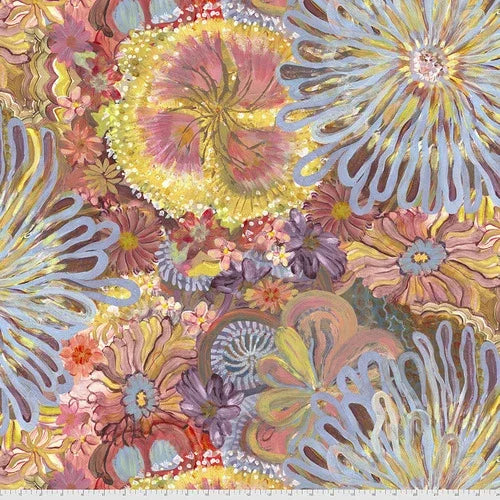 Sunrise Shimmer fabric by Free Spirit, multicolor floral and swirl pattern
