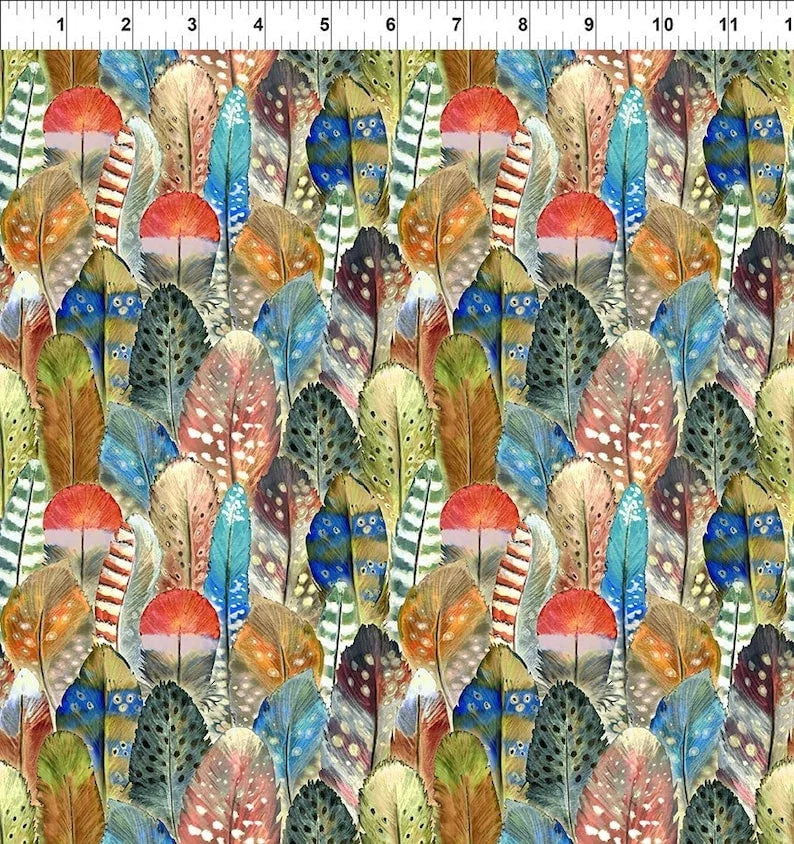 Feather and bird printed fabric with multicolor repeating pattern