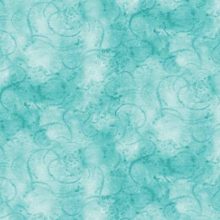 Aqua painters swirl quilting fabric with light blue scrolls