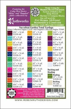Succulent garden pattern back with size chart and yardage for quilt crafting