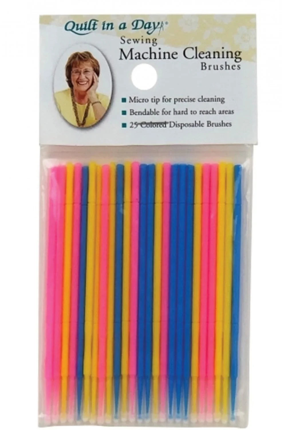 Sewing machine cleaning brush set with multicolor disposable bristles in clear pack