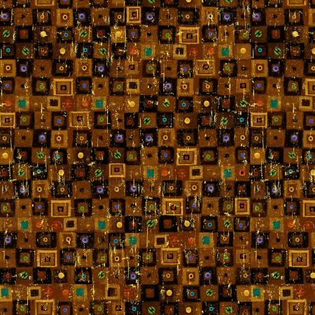 Brown bejeweled square fabric with multicolor mosaic tiles and sparkle accents