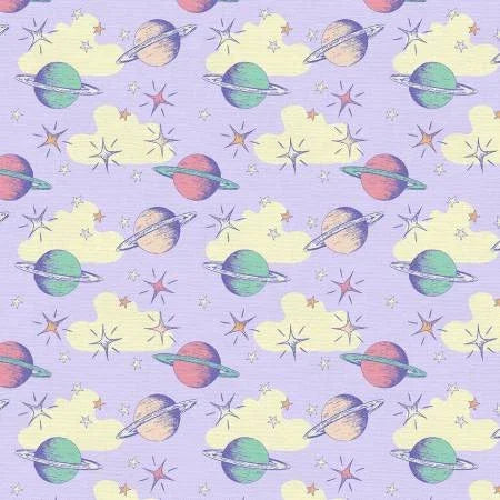 Purple fabric with repeating space planets, stars, and moons pattern