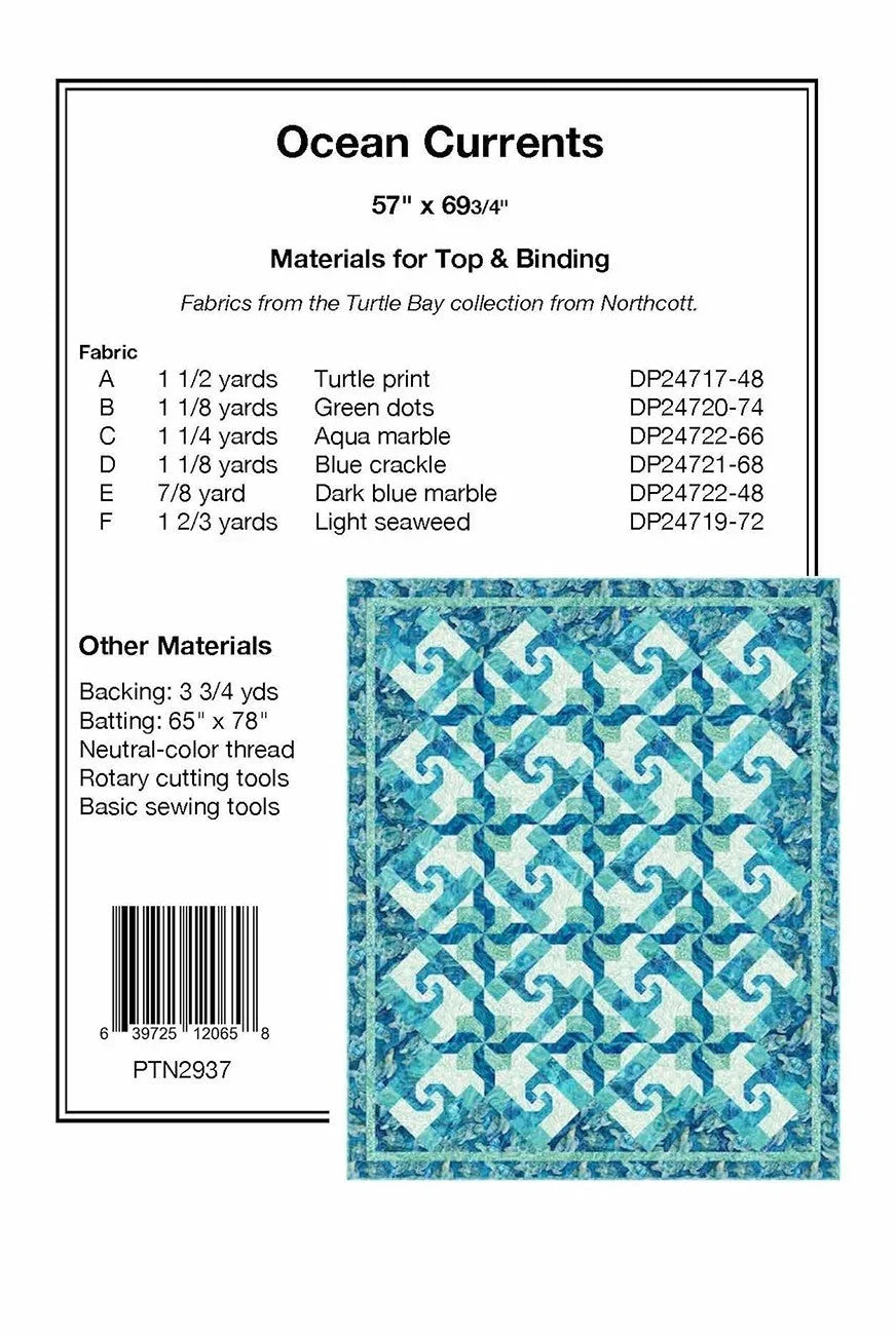 Quilt pattern card for Ocean Currents, featuring blue nautical swirls and quilt size details