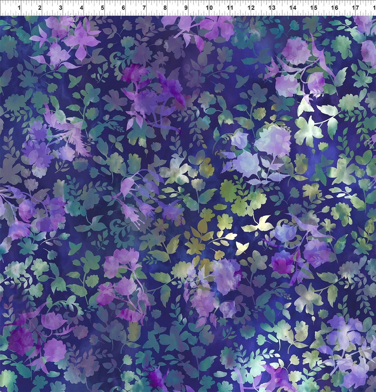 Floral fabric swatch with purple and blue blossoms, multicolor leaves