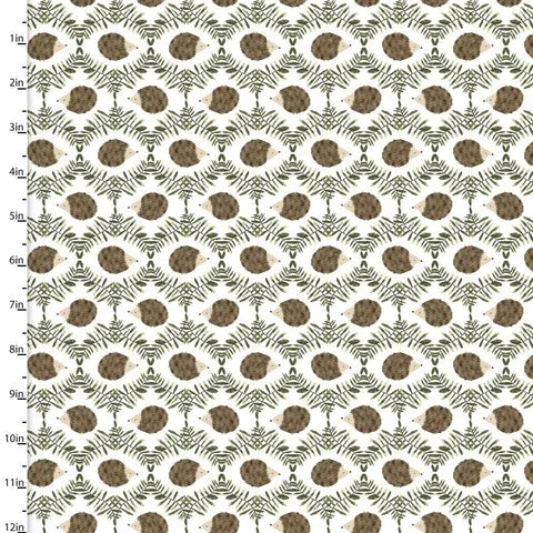 White fabric swatch with repeating brown hedgehog and leaf pattern