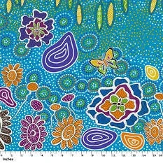Blue rainforest floral fabric with colorful leaf and flower patterns