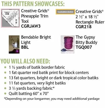 Quilt pattern instruction page with tool list and colorful sample blocks at top