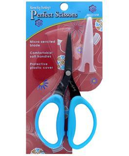 Medium fabric scissors with blue ergonomic handles and protective blade cover