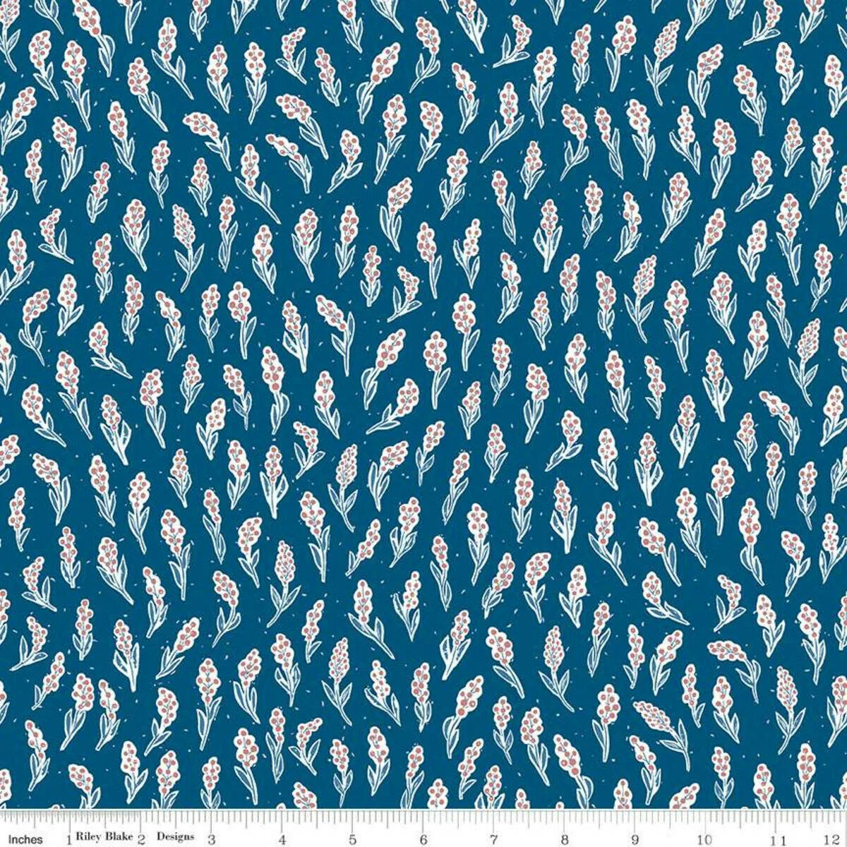 Cotton fabric yardage with blue background, wild berry sprigs in pink and white.