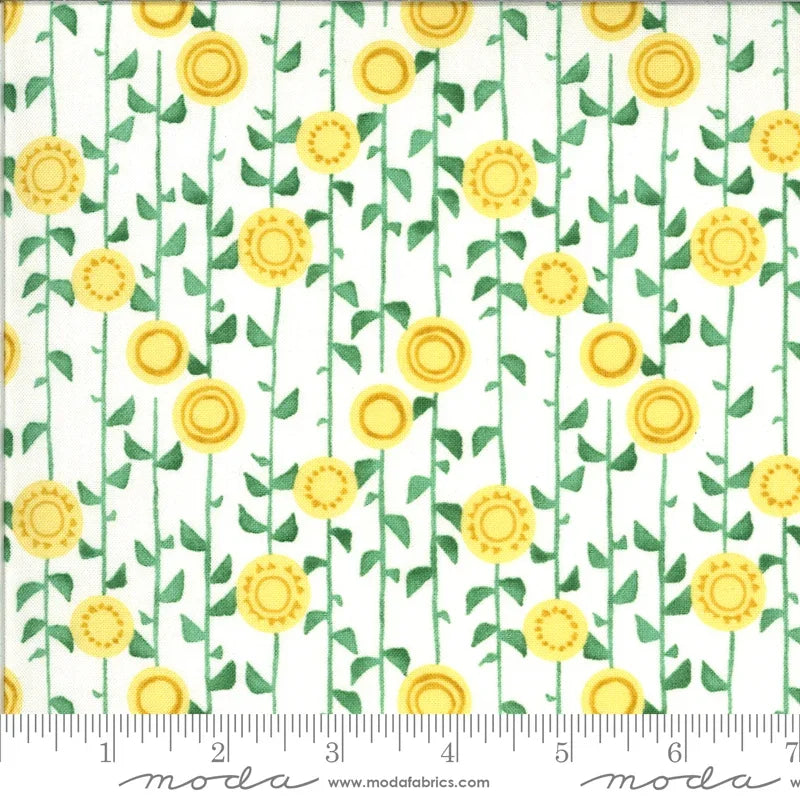 Cream floral fabric with yellow daisy blooms and green vine stems, Moda Fabrics Solana Stalks