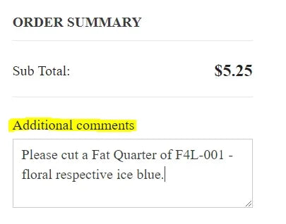 Order summary with $5.25 subtotal and note to cut fat quarter F4L-001